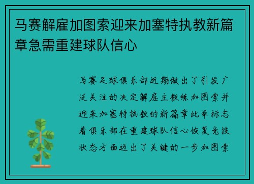 马赛解雇加图索迎来加塞特执教新篇章急需重建球队信心 马赛解雇加图索迎来加塞特执教新篇章急需重建球队信心
